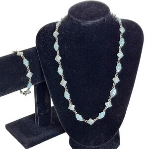 Vtg Monet Silvertone Blue Enameled and Blue Stone Link Necklace‎ Bracelet Set